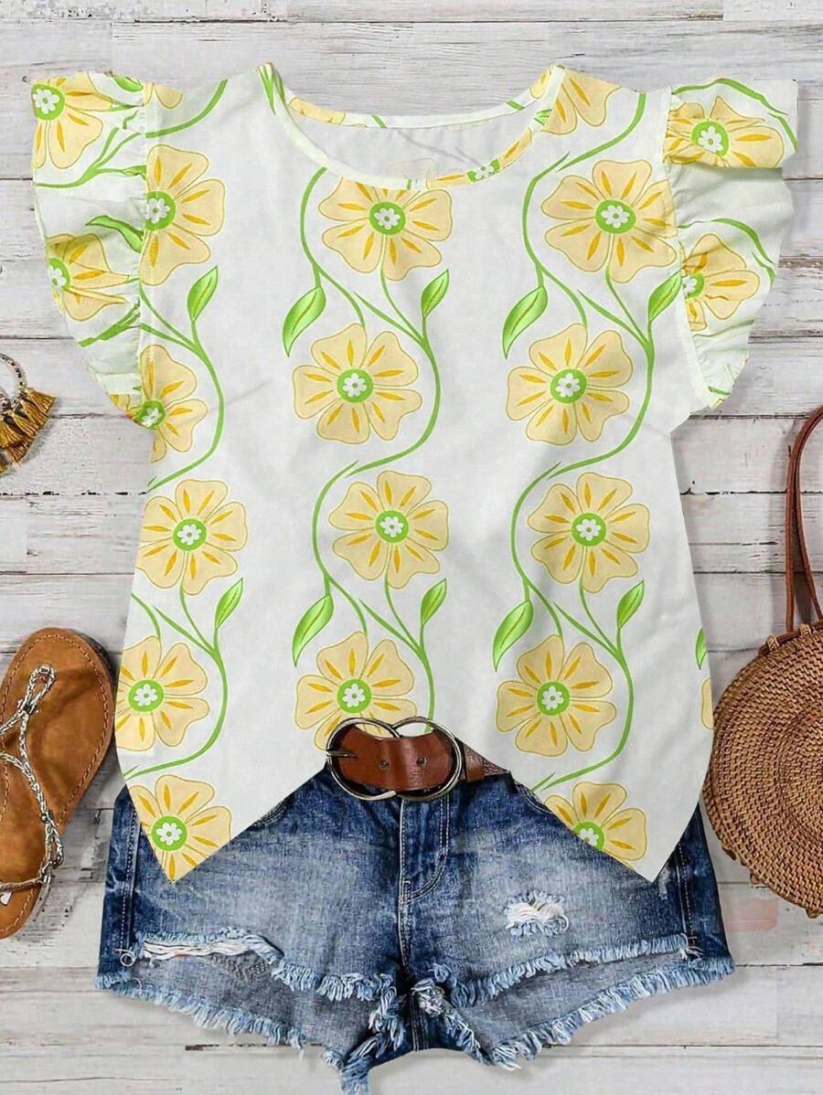 EMERY ROSE Women's Casual Pink Floral Print Bamboo Fiber Round Neck Flare Sleeve Cap Sleeve Blouse, Spring/Summer