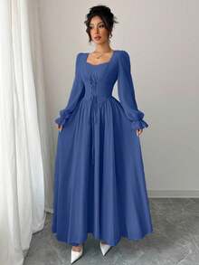 Modelyn 女式纯色甜心领长袖高端收腰连衣裙 - 寶藍色 - 查看 6