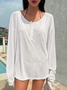 DAZY Solid Half Button Drop Shoulder Cover Up Summer,Beach Women Outfits Vacation Outfits Women - White - View 3