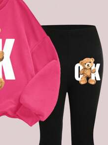 SHEIN Leap Crew 2 Stücke Tween Mädchen Outfit mit Strick Rundhals Pullover mit Buchstaben Grafik, locker geschnitten, und weite Bein Hose, Lässig - Verschiedenfarbig - Übersicht 4