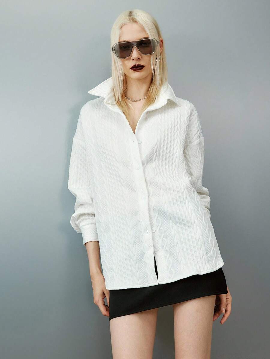 Airlisse 女式白色前扣长袖纹理开衫 - 白色 - 查看 1