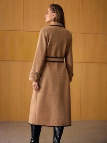 MOTF PREMIUM 羊毛撞色饰边腰带风衣 - 卡其色 - 查看 4
