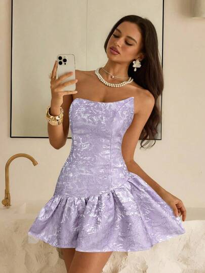Vowa Elegant Luxurious Jacquard Satin Collar Decor Design Short Bubble Skirt, Bridal Gift Party Dress
