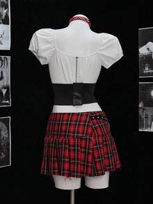 Elamini 女士性感西式上衣，腰带、荷叶边和深色美学设计，时尚别致，适合万圣节穿着 - 彩色 - 查看 2