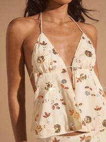 Glamine Apricot Color Sequin Embroidery Backless Halter Top And Mini Skirt 2 Pieces Set, Beach Vacation Style - Apricot - View 7