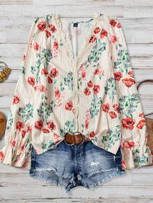 Linhara 大码女式纹理花卉印花蕾丝拼布长袖荷叶边V领休闲常规衬衫 - 杏色 - 查看 6