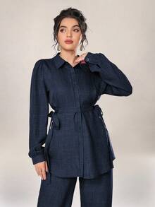 Graceveil Women 2pcs Set Front Button Long Sleeve Casual Blouse And Trousers 2 Pieces Set Modest - Navy Blue - View 5