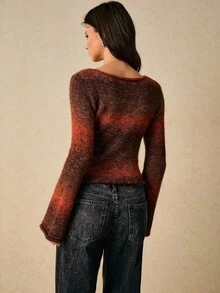 Poéselle 女士时尚通勤复古渐变毛衣，秋冬渐变针织长袖上衣 – 舒适渐变毛衣，秋季柔和美学套头衫，渐变针织毛衣，渐变长袖上衣，舒适秋季套头衫，返校针织衫，感恩节女士，秋季女士毛衣，橙色毛衣，秋季女士上衣 - 彩色 - 查看 2