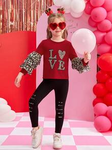 2pcs Girls Leopard Print Heart Valentine's Day Casual Outfit - Red - View 4