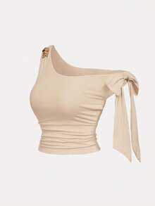 SHEIN MOD Plus Size Women's Apricot Mesh Oblique Shoulder Metal Flower Cropped Top - Khaki - View 4