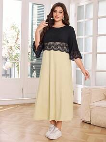 Lacomfia Große Größen Sommer Elegantes Farbblock Patchwork Kleid - Verschiedenfarbig - Übersicht 6