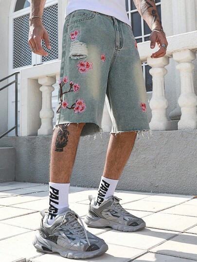 Street Life Men's Floral Embroidery Loose Denim Shorts