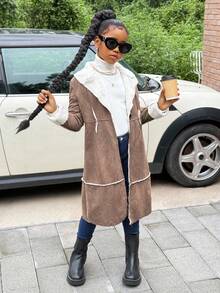 SHEIN Tween Girl Collared Long Sleeve Fleece Coat, Casual Daily Fashion Versatile Brown Coat - Brown - View 4