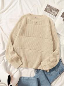 SHEIN EZwear 大码纯色简约圆领长袖针织毛衣 - 卡其色 - 查看 1