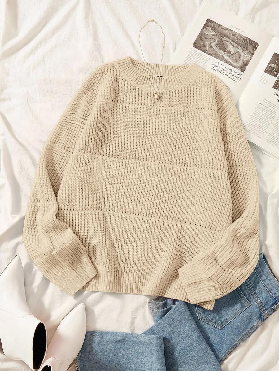 SHEIN EZwear 大码纯色简约圆领长袖针织毛衣 - 卡其色 - 查看 1