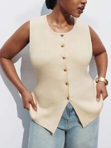 Maija Plus Size Women's Casual Solid Color Front Button Sleeveless Knit Top, Business Casual Urban Commuter Office Wear, Teacher Sweater Vest Cardigan Fall Autumn Back To School Homecoming Modest Vintage Women Old Money Teacher Romantic, Fashion, Versatile; Comfortable, Stylish, Elegant, Casual, Simple Daily Wear