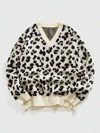 Street Life Maglione casual da uomo a scollo a V, maniche lunghe, con stampa leopardata, autunno inverno