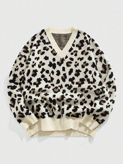 Street Life Jersey de cuello en V casual de manga larga con estampado de leopardo para hombre, otoño e invierno