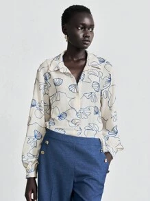 Lumivelle Women's Elegant Casual Shell Embroidered Open Front Loose Blouse Fall Cloth For Women - Apricot - View 5