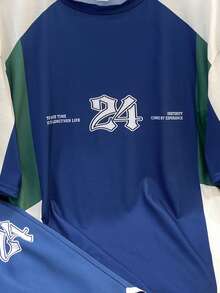 SHEIN 2 件套青少年男童拼布运动字母撞色短袖 T 恤和短裤套装,休闲、学校、旅行、运动、舒适、柔软、百搭 - 藏蓝色 - 查看 6