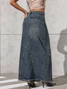 Jeanoix Women's Pocketed Frayed Hem Straight Loose Casual Long Denim Skirt - Blue - View 3