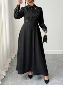 Elenzga Váy dài tay cổ ngọc trai họa tiết jacquard thanh lịch dành cho nữ cỡ lớn - màu đen - Xem 3