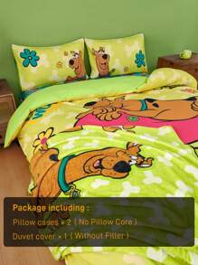 SCOOBY-DOO X SHEIN 3pc Soft & Cozy Cartoon Dog & Floral Print Duvet Cover Set,Suitable For Single Bed/Double Bed/Queen Bed/King Bed, Dormitory/Home - Green - View 10