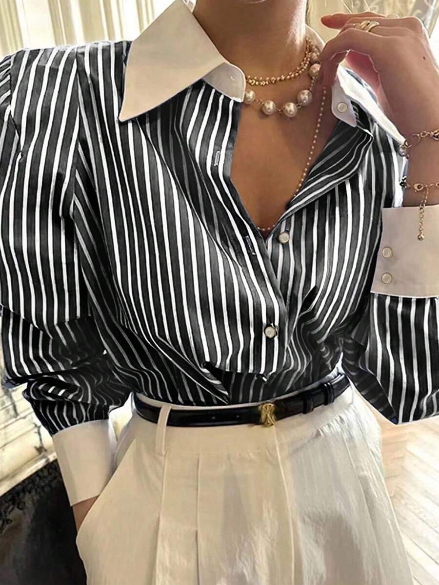 INAWLY 女式纽扣长袖休闲宽松条纹衬衫女式衬衫 - 黑色 - 查看 1