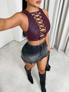 Sirith 2025 Lady's New Sexy PU Leather Eyelet Crossed Strap Women's Top, Suitable For Parties, Nightclubs, And Bold Girls - Red - View 1