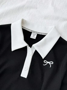 SHEIN Tween-Mädchen Schwarz-weißes, lässiges, personalisiertes Kleid mit Kontrastkragen, gerippten Strickknöpfen und enger Passform, langärmliges Sommerkleid mit Polokragen, Schmetterlingsstickerei - Schwarz und Weiss - Übersicht 4