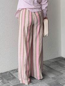 Jeta Ari Pantalones largos de algodón y lino a rayas para mujeres, pantalones informales de pierna ancha para playa y vacaciones, estilo natural elegante, para verano