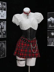 Elamini 女士性感西式上衣，腰带、荷叶边和深色美学设计，时尚别致，适合万圣节穿着 - 彩色 - 查看 3