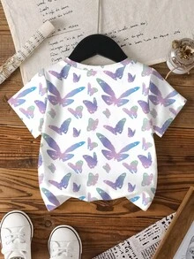 Miraculous Ladybug X SHEIN Young Girl Butterfly And Cartoon Figure Graphic Round Neck Short Sleeve T-Shirt - White - View 2