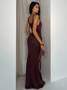 Glamine Elegant Winter Chocolate Brown Metal Accessories Fake Belt Design Sexy Charm Ladies Autumn And Winter Retro Fashion Christmas Party Dress Brown Bodycon Dress Long Brown Dress Brown Knit Dress Brown Midi Dress Brown Tank Dress - Chocolate Brown - View 2