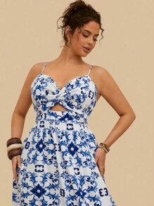 SHEIN VCAY Váy họa tiết hoa nhiệt đới xanh trắng cỡ lớn cho nữ, váy midi xoắn dây mảnh phía trước, váy xẻ tà phía trước, váy mùa thu cho nữ váy hoa xanh trắng, váy mùa hè cho nữ váy midi, váy xanh trắng cho nữ váy đi nghỉ cho nữ váy chống nắng xanh, trang phục biểu diễn cho nữ, quần áo phong cách boho cho nữ váy hoa rave cho nữ váy dự tiệc cưới cong - Xanh và trắng - Xem 4
