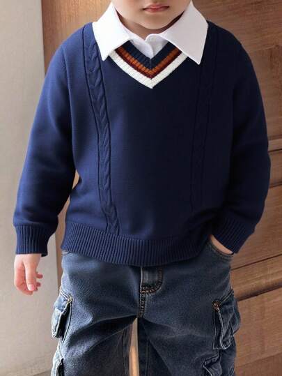 SHEIN 男童休闲学院风V领套头衫，长袖套头针织衫，学院风和基本款。适合通勤上学。日常休闲