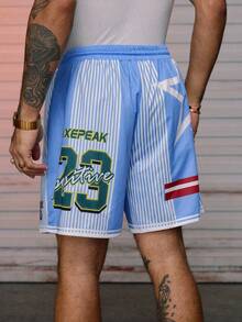 Pantalones cortos con cordón estampados de estilo casual y urbano de hip hop para hombres AXEPEAK - Celeste - Ver 2