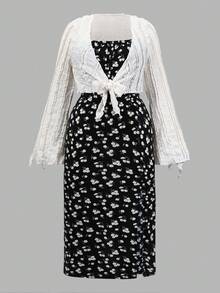 SHEIN EZwear 2pcs/Set Plus Size Casual Tie Decor Top And Camisole Dress - Multicolor - View 5