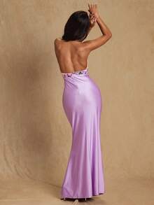 Glamine Váy cổ yếm thêu kim sa cho nữ, váy maxi hở lưng thanh lịch, váy dự tiệc - Màu tím - Xem 2