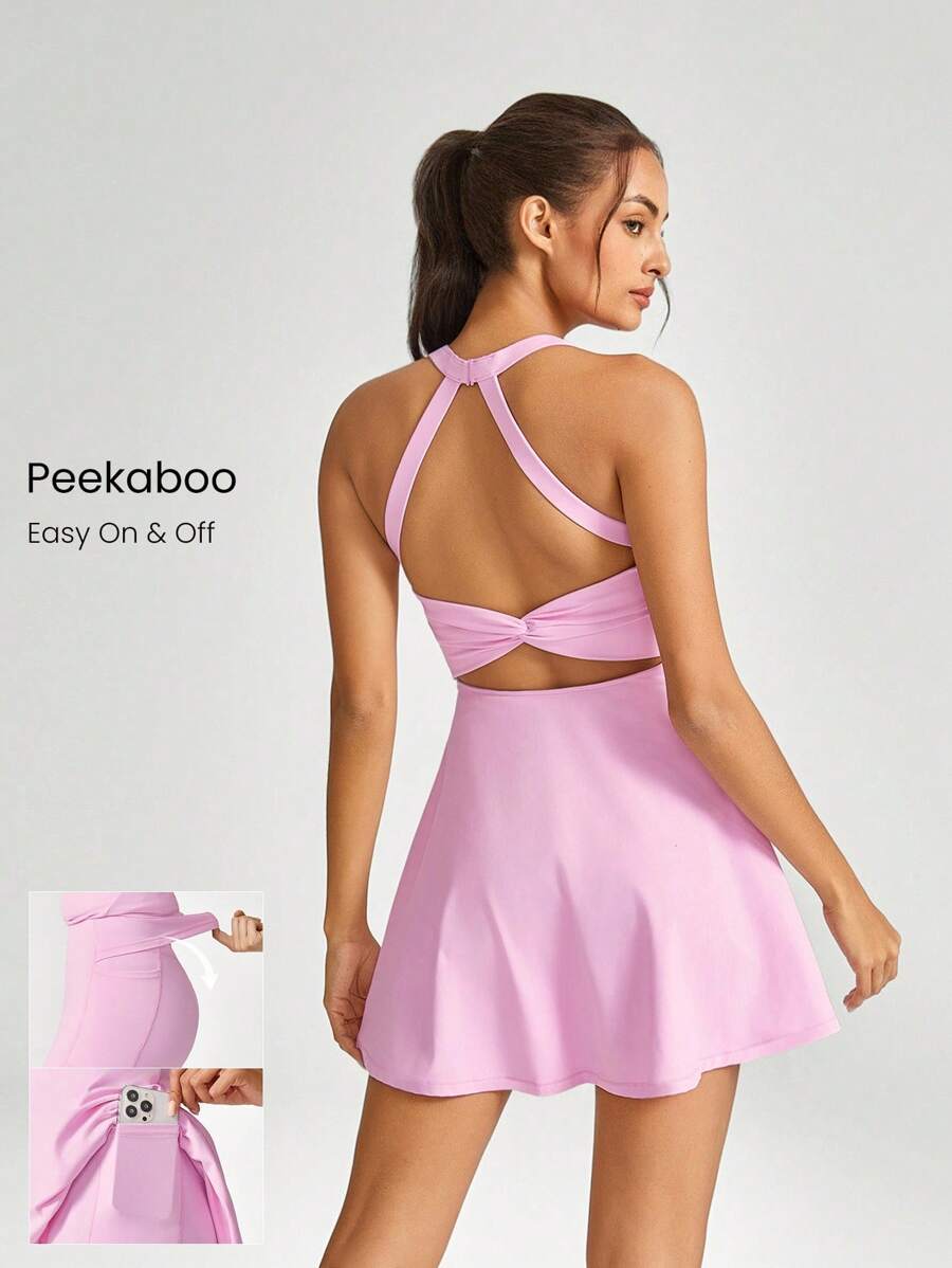 GLOWMODE FeatherFit™-Air 游戏套装 A 字形内置露肩短款打结口袋吊带连衣裙低冲击日常夏季 - 泡泡糖粉 - 查看 1