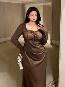 Dazy Plus Vestido Longo de Festa Plus Size para Mulheres com Manga Longa, Elástico de Renda em Contraste de Cor Sólida, Outono - Castanho - Visão 5