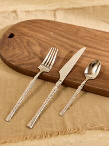 Cirelle Stainless Steel Bark-Patterned Cutlery Set, Western Steak Knife Fork Spoon Set, Cutlery, Home & Restaurant Dinner Set, Kitchen Accessories | Cutlery Set,Cutlery,Dinner Set,Kitchen Accessories,Spoon And Fork Set - Silver - View 3