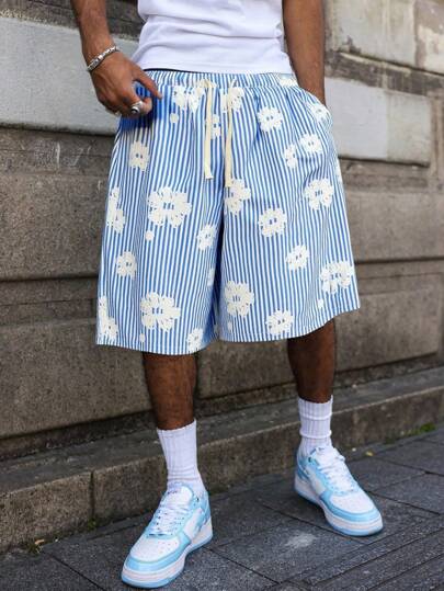 Street Life Pantaloncini estivi casual da uomo con stampa a righe e coulisse