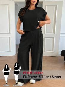 SHEIN PETITE CURVE Bộ 2 món áo phông in họa tiết tay cánh dơi rộng rãi cỡ lớn + quần, trang phục thường ngày mùa xuân/hè - màu đen - Xem 1