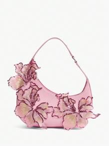 SHEIN SXY 女士、女式单肩包、流浪包、粉色、刺绣亮片贴花、花朵、时尚、优雅、浪漫、简约、个性化、多功能、适合度假、节日、约会、日常、下午茶、派对、舞会、俱乐部、约会、生日、晚会、约会之夜 - 粉色 - 查看 1