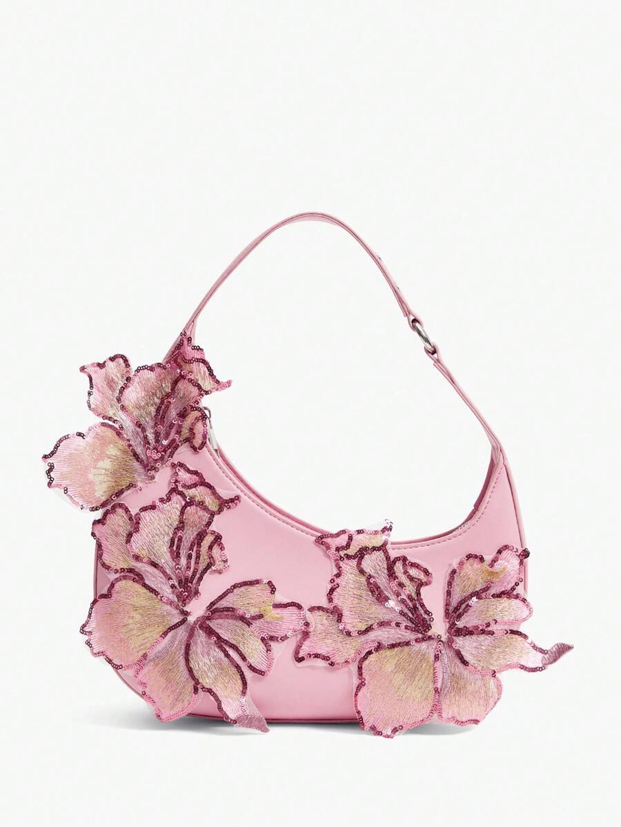 SHEIN SXY 女士、女式单肩包、流浪包、粉色、刺绣亮片贴花、花朵、时尚、优雅、浪漫、简约、个性化、多功能、适合度假、节日、约会、日常、下午茶、派对、舞会、俱乐部、约会、生日、晚会、约会之夜 - 粉色 - 查看 1