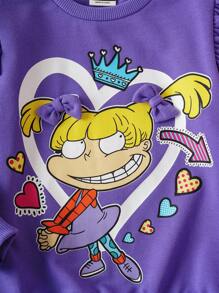 Nick 90s | SHEIN Sudadera con cuello redondo morada con decoración de lazo, estampado de corazones y dibujos animados lindo para niña - Morado - Ver 5