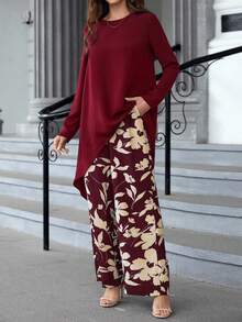 EMERY ROSE Women's Elegant Commuter Solid Color Asymmetric Hem Top & Floral Print Pants 2 Pieces Set - Burgundy - View 6