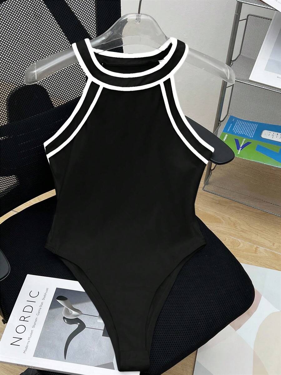 SHEIN 少女撞色滚边露背连体衣/连身裤，休闲运动装 - 黑與白 - 查看 1