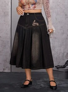 SHEIN EZwear Plus Size Women's Edgy Street Style Distressed Black Non-Stretch Denim Mini Skirt - Black - View 3